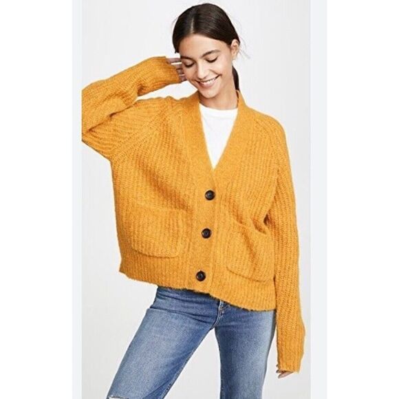 A.L.C. CLEVELAND CARDIGAN MUSTARD ALPACA-BLEND SIZE LARGE V-NECK SWEATER - Picture 1 of 14